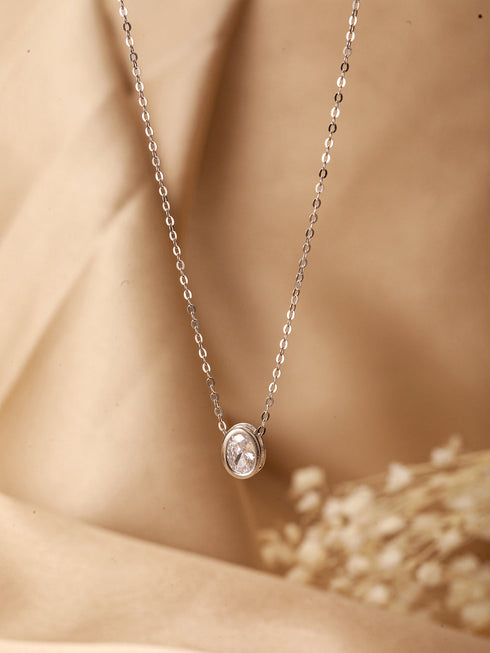 925 Sterlling Silver CZ Studded Oval AD Solitaire Pendant Necklace & Chain