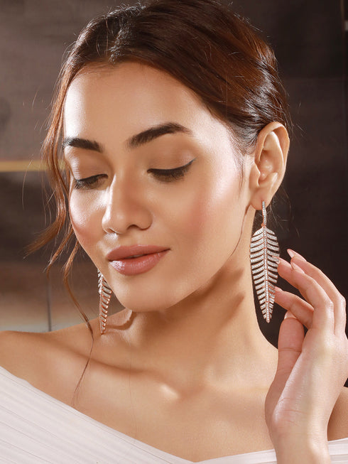 Rose Gold Toned White Zircon studded Statement Feather Dangling Earrings