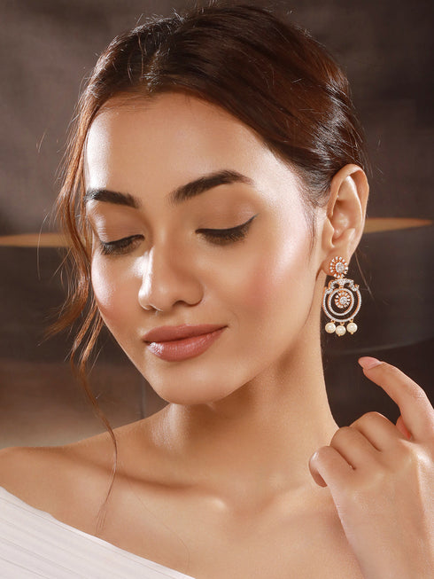 Gold Toned Cubic Zirconia & Pearl Beaded Designer Chandelier Chandbali Drop Earrings