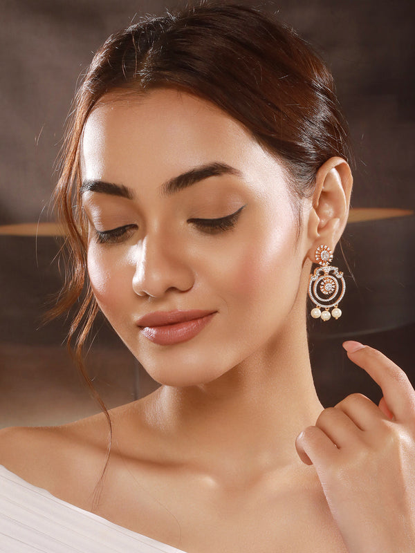 Gold Toned Cubic Zirconia & Pearl Beaded Designer Chandelier Chandbali Drop Earrings