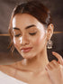Gold Toned Cubic Zirconia & Pearl Beaded Designer Chandelier Chandbali Drop Earrings