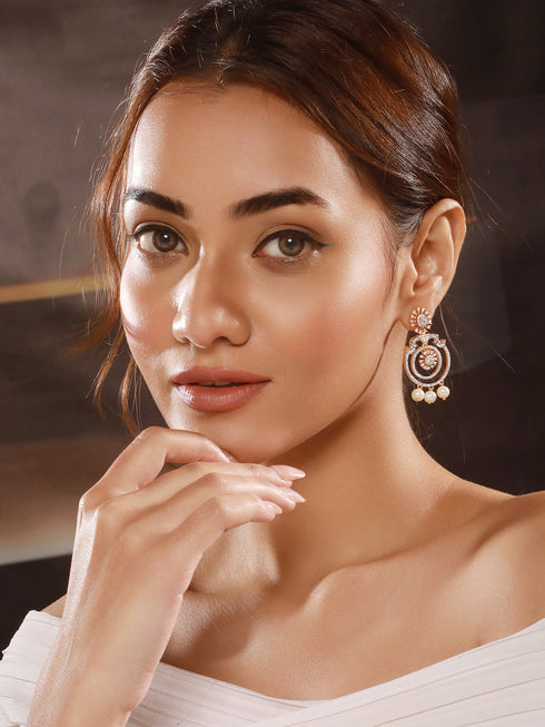 Gold Toned Cubic Zirconia & Pearl Beaded Designer Chandelier Chandbali Drop Earrings