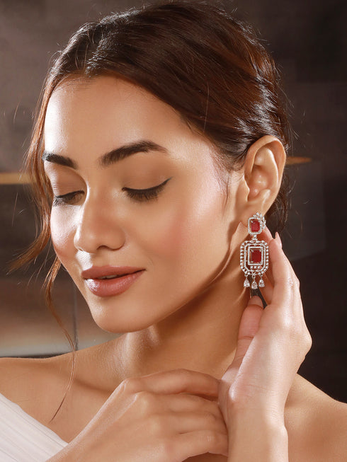 Silver Toned Red Ruby Studded Elegant Cocktail Drop Earrings