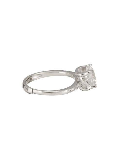 925 Sterling Silver Zircon Studded Solitaire Brilliant Engagement Adjustable Finger Ring