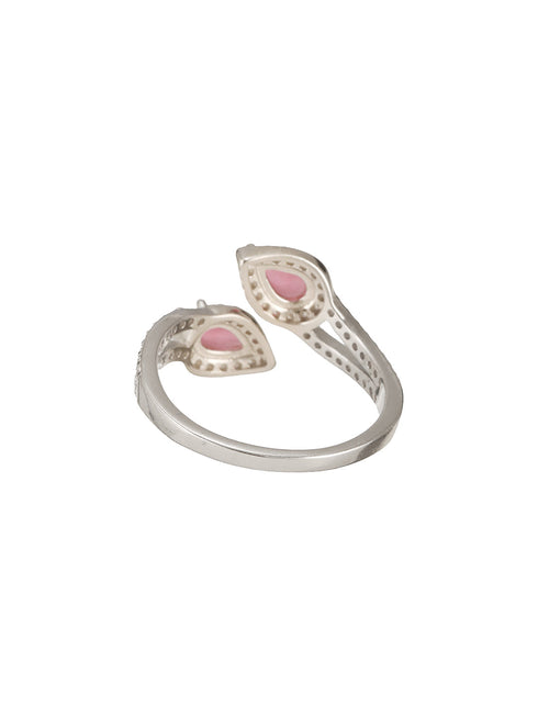 925 Sterling Silver Rhodium Plated Pink AD Studded Contemporary Adjustable Finger Ring For Her