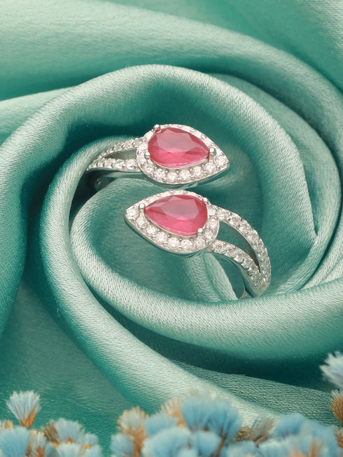 925 Sterling Silver Rhodium Plated Pink AD Studded Contemporary Adjustable Finger Ring For Her