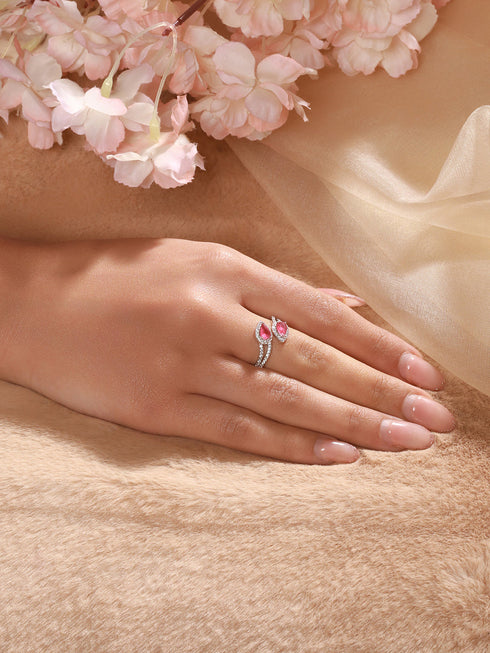 925 Sterling Silver Rhodium Plated Pink AD Studded Contemporary Adjustable Finger Ring For Her