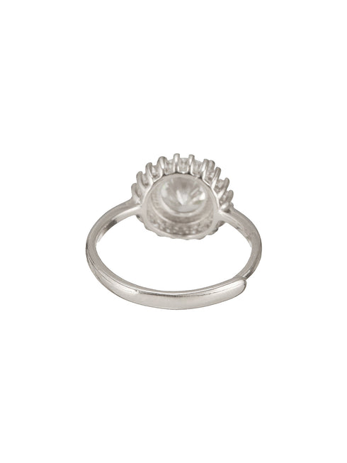 925 Sterling Silver Rhodium Plated Zircon Studded Floral Contemporary Adjustable Finger Ring