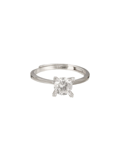 925 Sterling Silver Zircon Studded Solitaire Minimal Engagement Adjustable Finger Ring