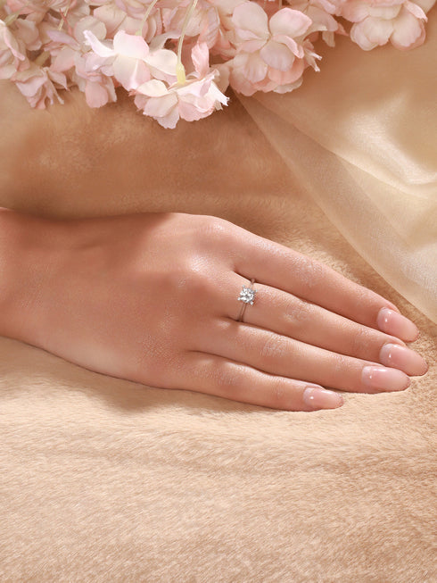 925 Sterling Silver Zircon Studded Solitaire Minimal Engagement Adjustable Finger Ring