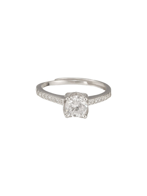 925 Sterling Silver Rhodiu Plated Zircon Studded Solitaire Engagement Adustable Finger Rings