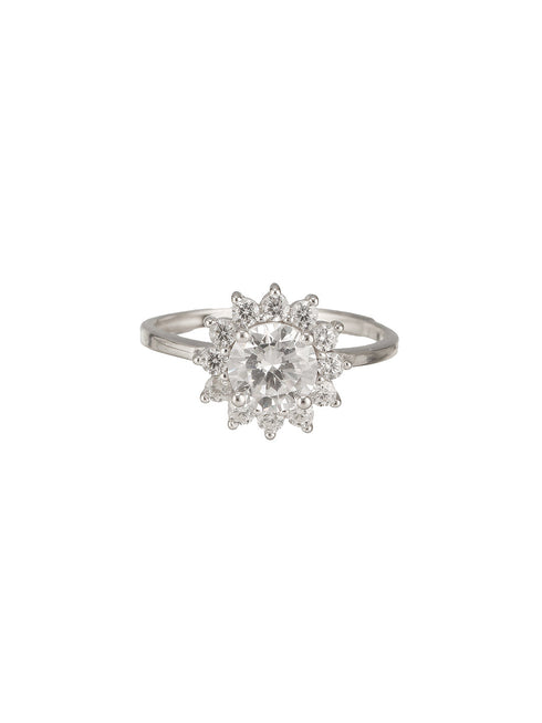 925 Sterling Silver Zircon Studded Floral Engament Minimal Adjustable Finger Ring
