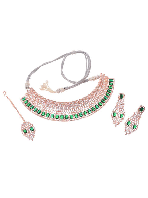 Rose Gold Plated Green AD Studded Bridal Choker Jewellery Set