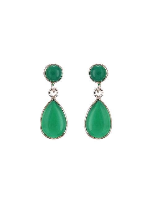 925 Sterling Silver Green Onyx Stone Studded Minimal Boho Chic Drop Earrings