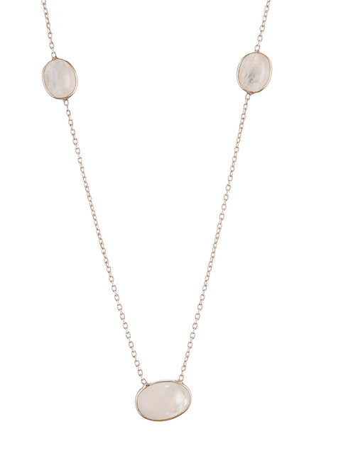 925 Sterling Silver White Moonstone Gemstone Studded Minimal Boho Necklace & Chain