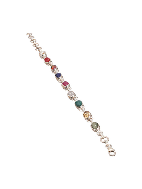 925 Silver Navratna Natural Gemstones Studded Handmade Minimal Delicate Charms Adjustable Bracelet