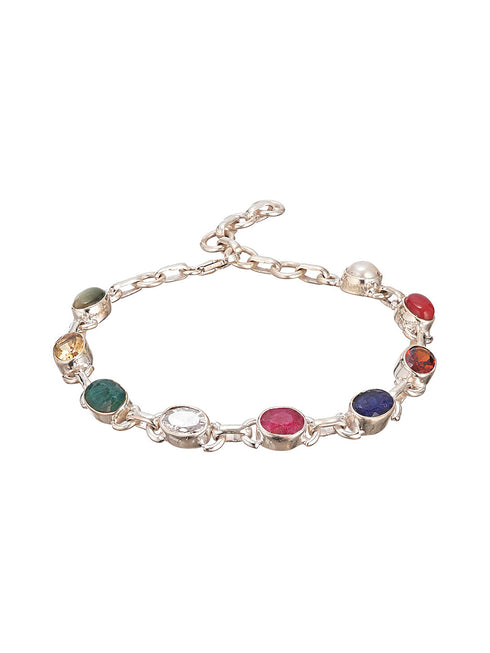 925 Silver Navratna Natural Gemstones Studded Handmade Minimal Delicate Charms Adjustable Bracelet