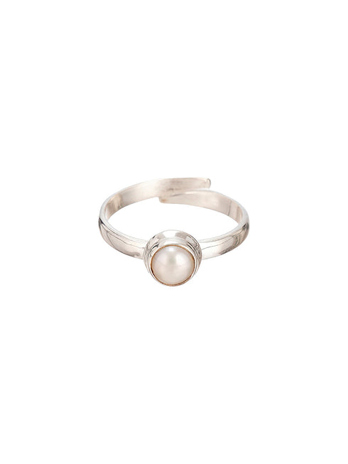 925 Sterling Silver Pearl Studded Minimal Adjustable Band Finger Ring