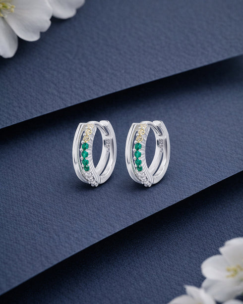 925 Sterling Silver Rhodium Plated Emerald Glow CZ Hoop Earring