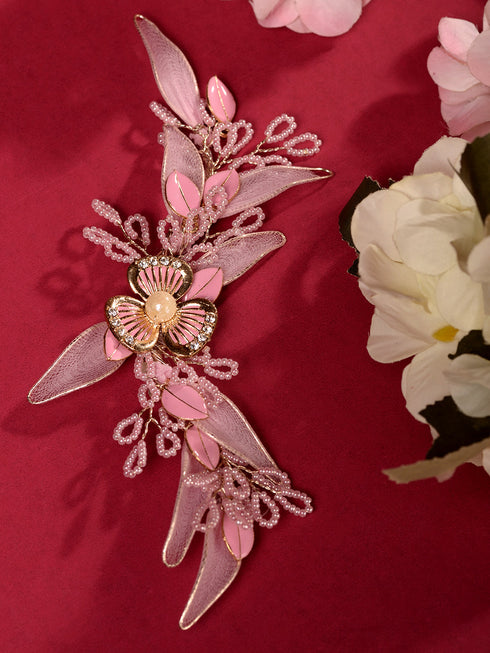 Pink Gold Plated Pearl Beaded Stocking Flowers Comb Pin