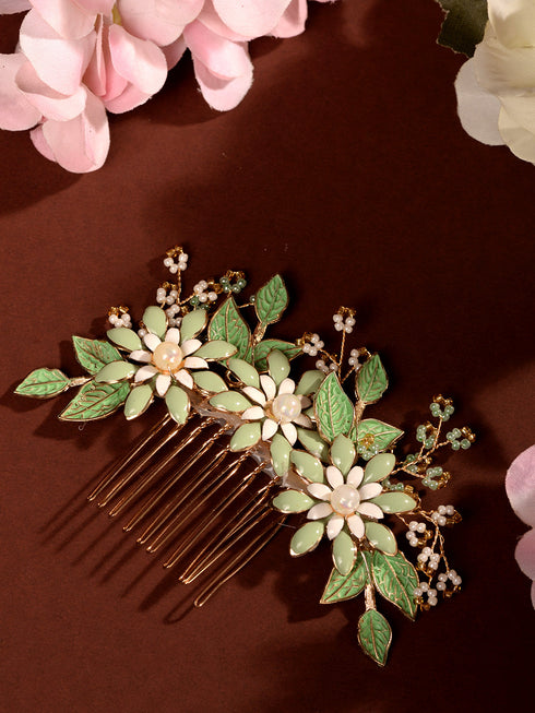 Green Gold Toned Enamelled Pearl Embellished Comb Pin
