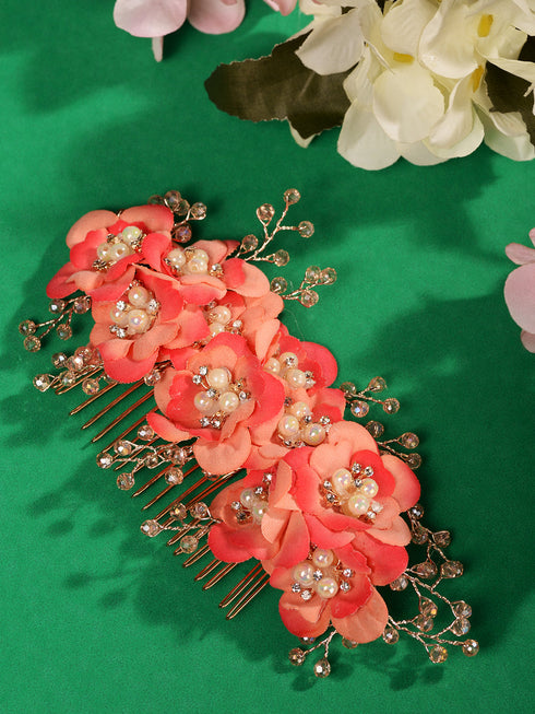 Peach Flowers Pearls & Crystal Embellished Bridal Hair Tiara