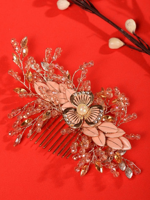 Pink Gold Toned Pearl Beaded & Embellished Bridal Comb Pin