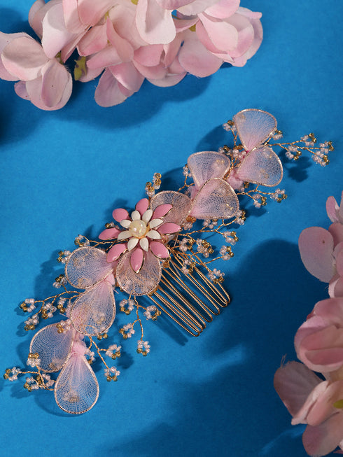 Gold Toned Pink Flower Embellished Bridal Hair Accessory