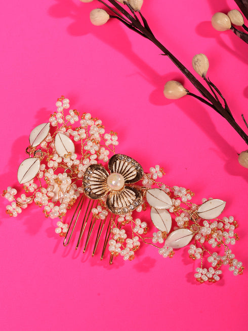 White & Gold Toned Enamelled Pearl Beaded Bridal Comb Pin
