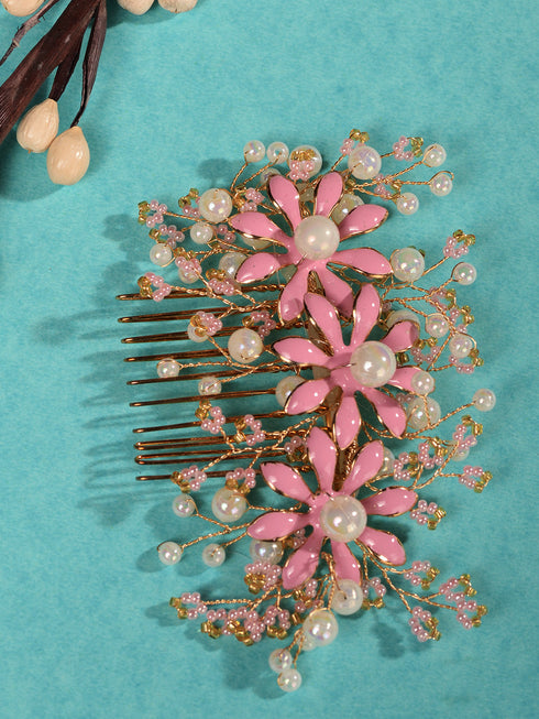 Gold toned Pink Enamelled Flower Tiara Comb Pin