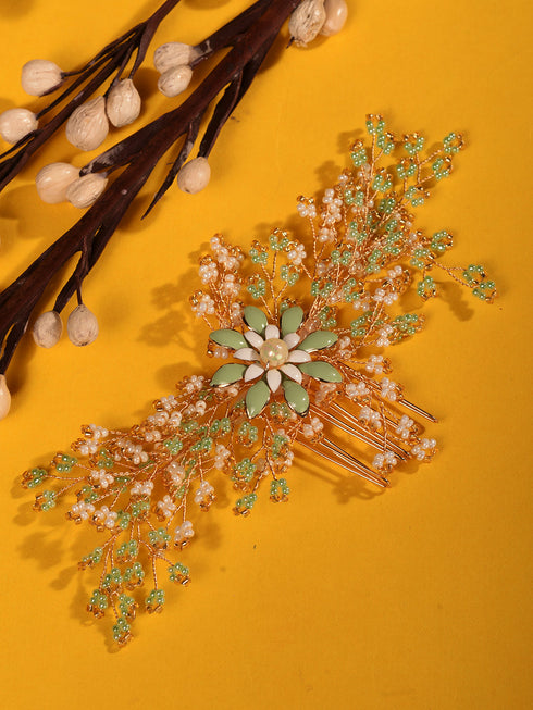Gold Toned Green Pearl Beaded Bridal Hair pin