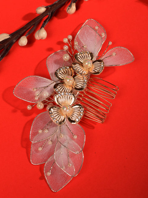 White Gold Toned Enamelled Pearl Beaded Bridal Comb Pin