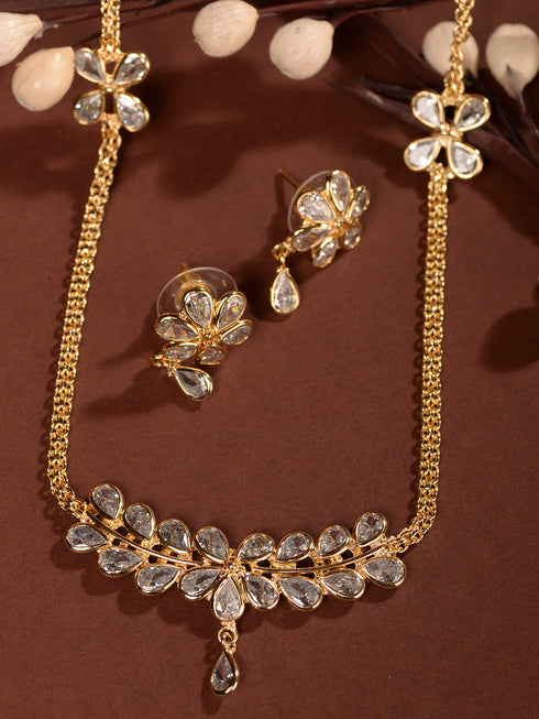 Gold Toned AD Studded Minimal Designer Necklace Jewellery Set