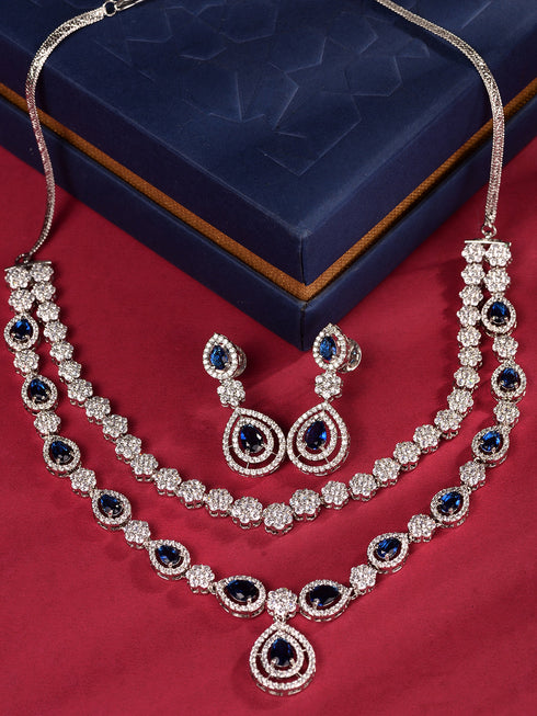 Silver Toned Blue AD studded double layer Necklace jewellery Set