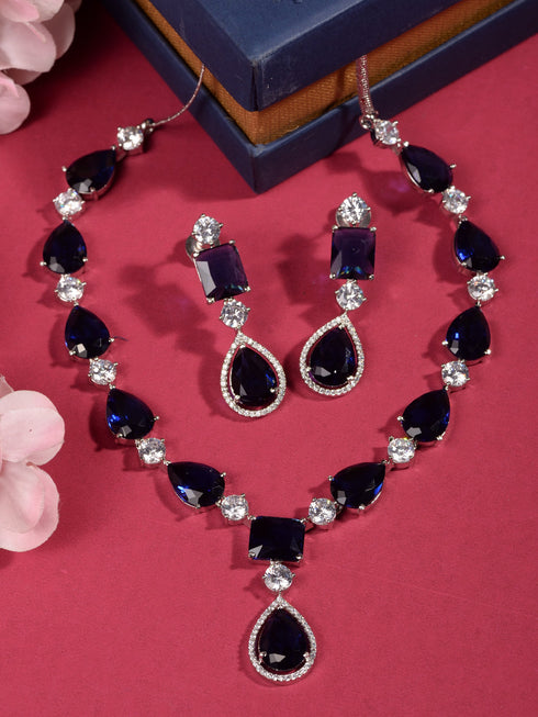 Silver Toned Blue AD studfded designer Necklace Jewellery Set