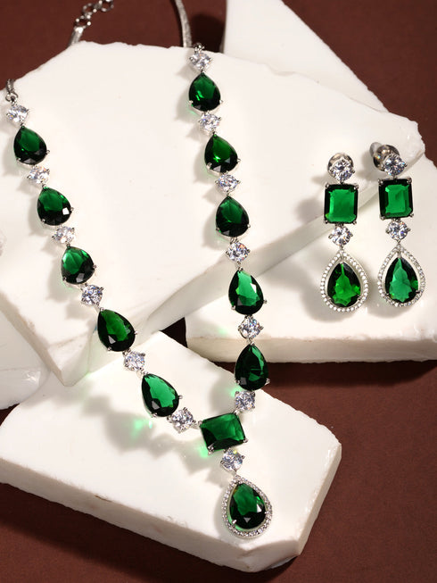 Silver Toned Green AD studfded designer Necklace Jewellery Set