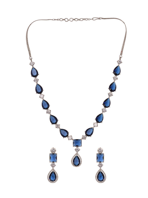 Silver Toned Blue AD studfded designer Necklace Jewellery Set