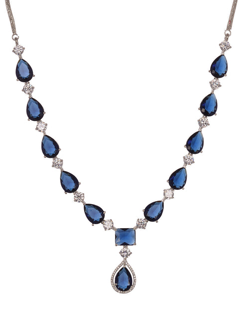 Silver Toned Blue AD studfded designer Necklace Jewellery Set