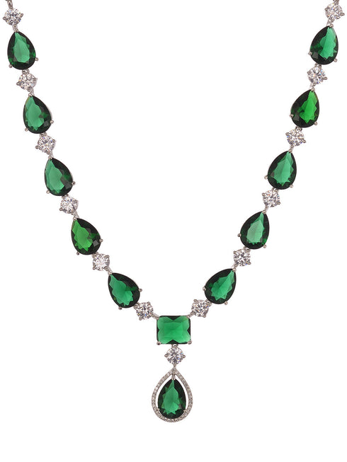 Silver Toned Green AD studfded designer Necklace Jewellery Set
