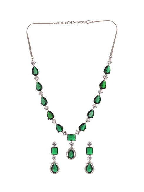 Silver Toned Green AD studfded designer Necklace Jewellery Set