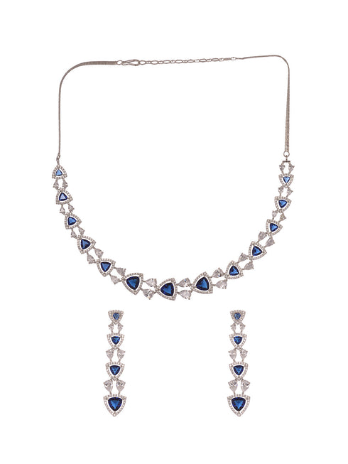 Silver Toned Blue AD studded Triangle shaped designer Necklace Jewellery Set