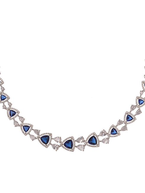 Silver Toned Blue AD studded Triangle shaped designer Necklace Jewellery Set
