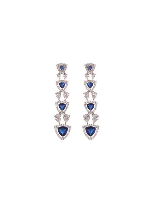 Silver Toned Blue AD studded Triangle shaped designer Necklace Jewellery Set