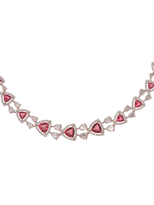 Rose Gold Plated Red AD studded Triangle shaped designer Necklace Jewellery Set