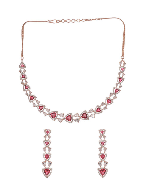 Rose Gold Plated Red AD studded Triangle shaped designer Necklace Jewellery Set