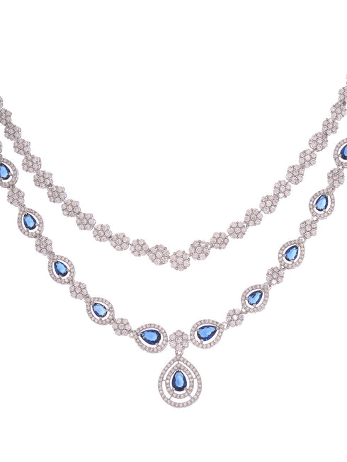 Silver Toned Blue AD studded double layer Necklace jewellery Set