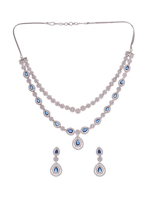 Silver Toned Blue AD studded double layer Necklace jewellery Set