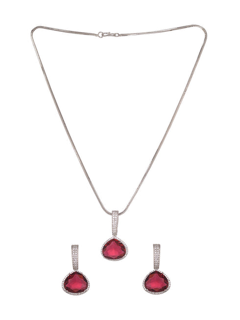 Silver Toned Red AD studdeed Elegant Pendant Earrings Locket Jewellery Set