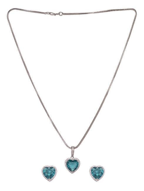 Silver Palted Blue AD Studded Heart Shaped Pendant Earrings Locket Jewellery Set