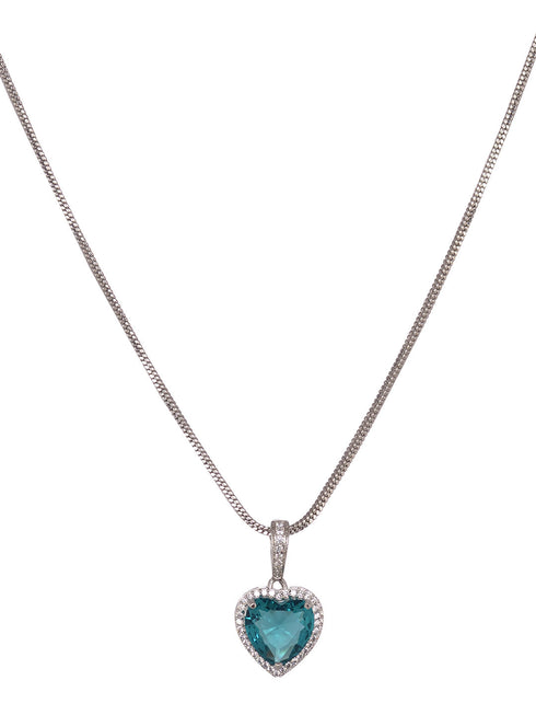 Silver Palted Blue AD Studded Heart Shaped Pendant Earrings Locket Jewellery Set